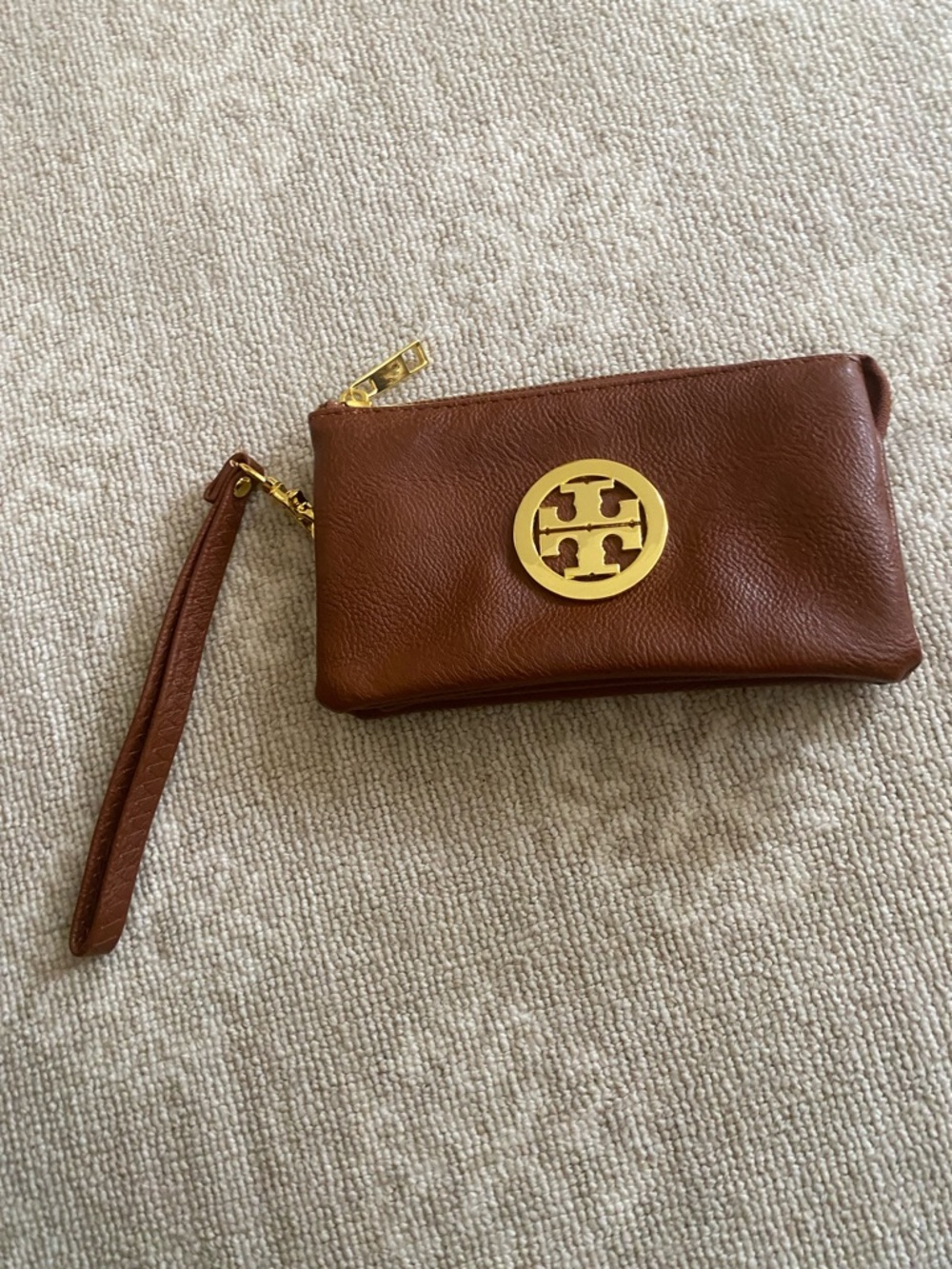 Tory Burch Brown Leather Wristlet Clutch with Gold Logo